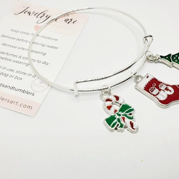 Silver Christmas Charm Bracelet, Candy Cane, Stocking, and Tree Charms - Picture 4 of 11